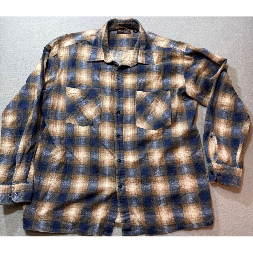 McRae's Vintage Flannel Plaid Shirt Mens L 16-16 1/2 Tan Blue Long Sleeve‎